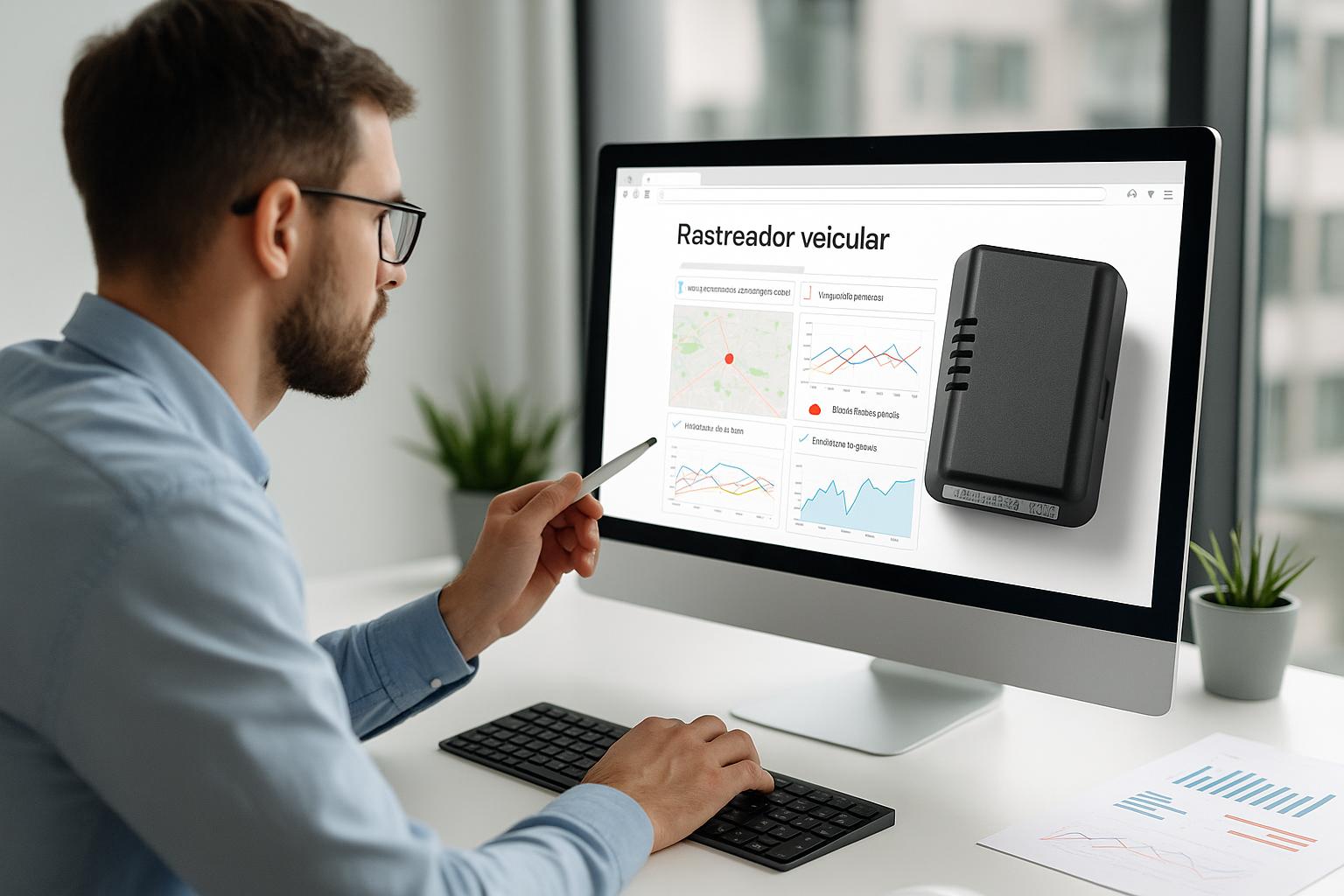 Cliente analisando opções de rastreamento veicular no computador com destaque para equipamento