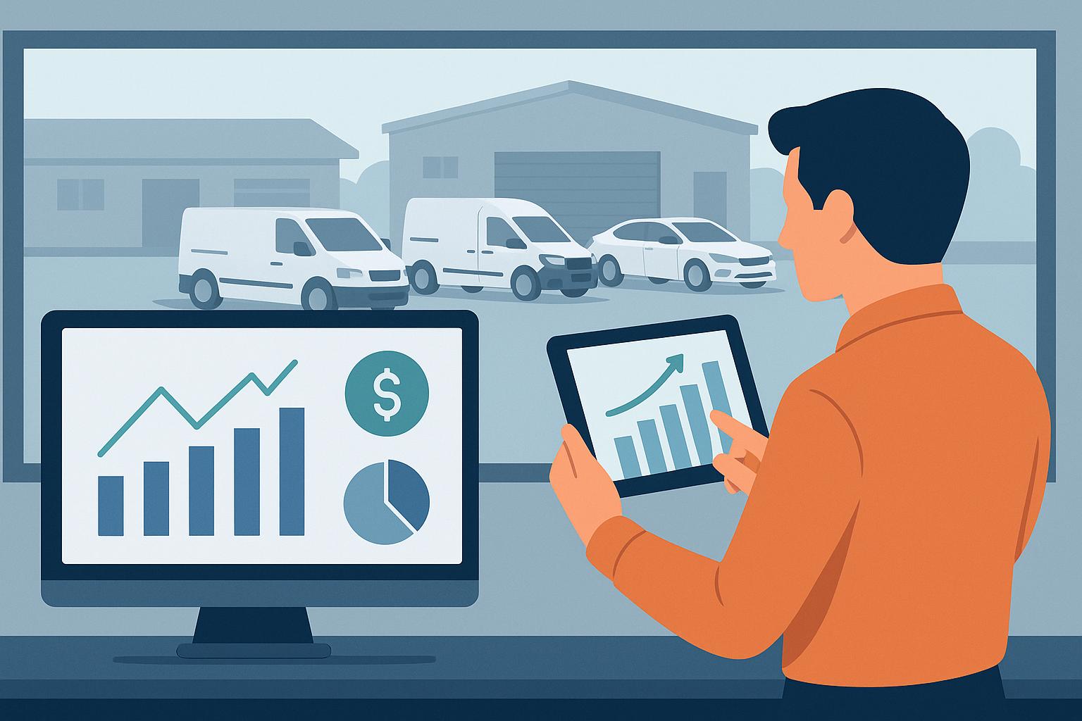Ilustração de gestor controlando frota com indicadores de economia