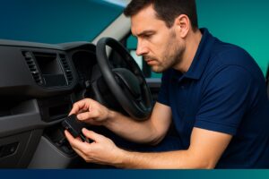 Técnico uniformizado instala rastreador veicular de forma discreta no painel de um carro utilitário em São Paulo
